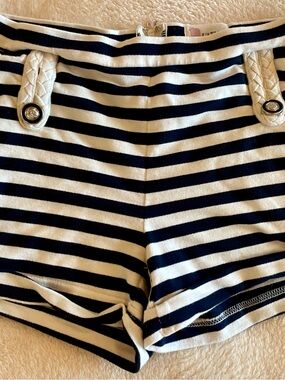 L'ATISTE Navy and White Striped High Waist Shorts with Braided Belt Tabs